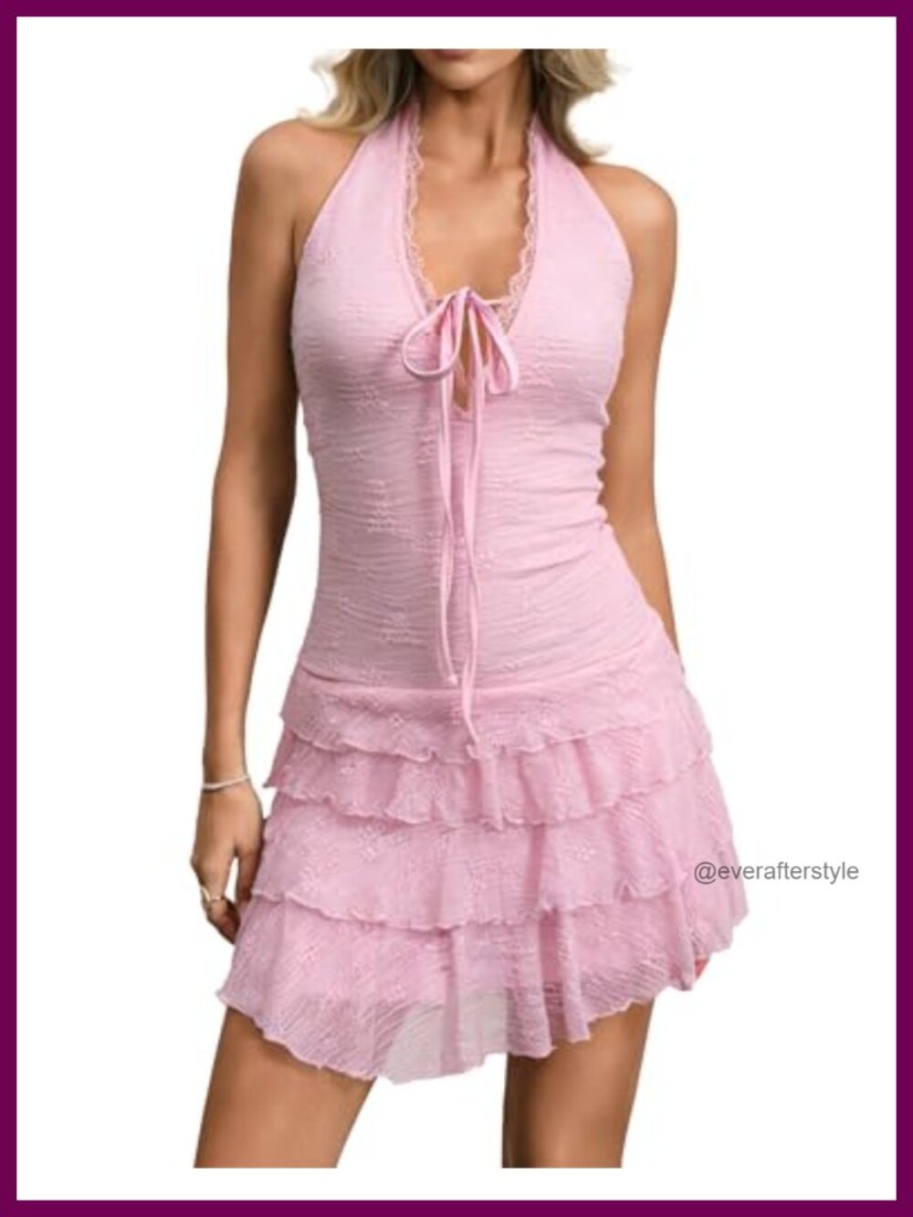 Women's Halter Backless Lace Tiered Mini Dress Layered Hem Festival Outfit